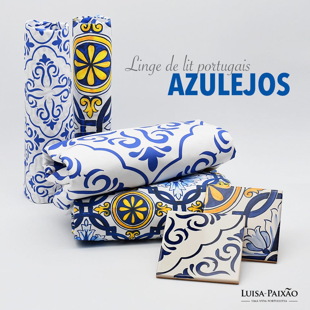 Tapis artisanal portugais noir Housse d'oreiller "Azulejos" - Bleu & Jaune