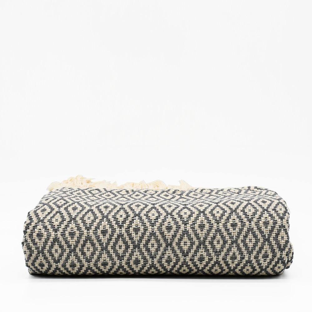 Plaid artisanal en coton portugais I Gris foncé et Beige Plaid à franges en coton 200x135 - Gris foncé