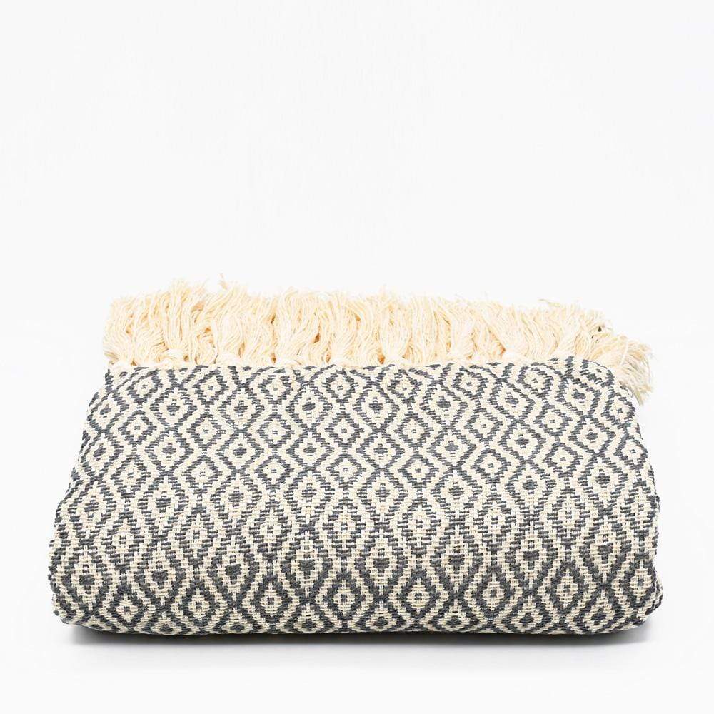 Plaid artisanal en coton portugais I Gris foncé et Beige Plaid à franges en coton 200x135 - Gris foncé