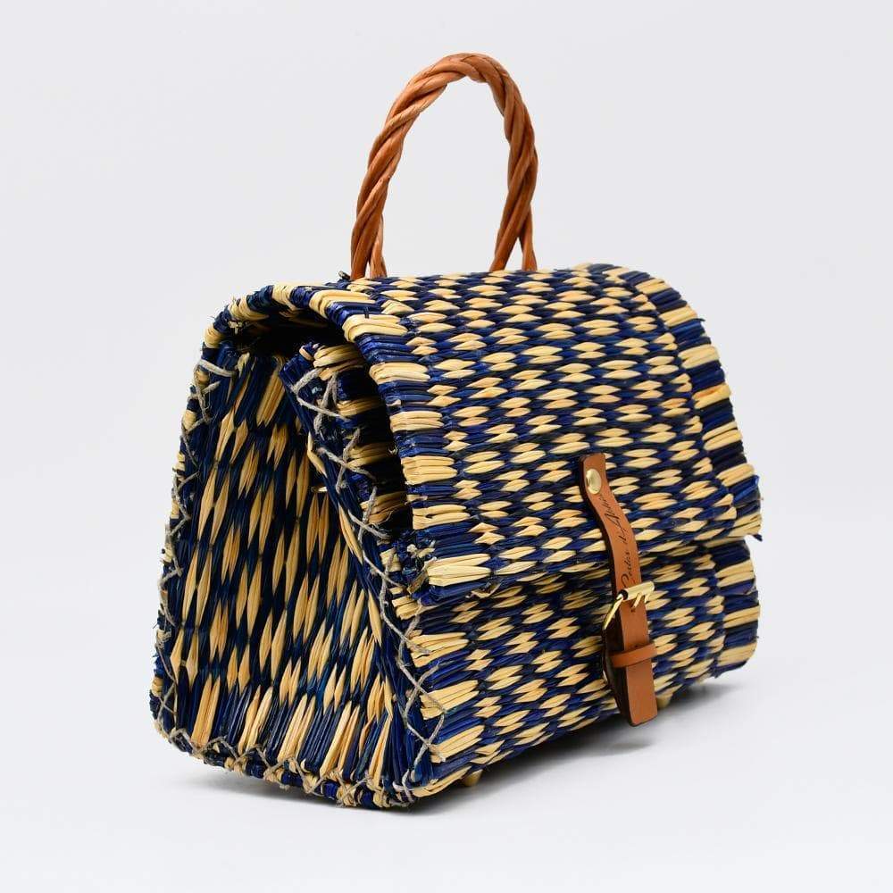 Sac cartable en jonc I Produit artisanal du Portugal Sac cartable en jonc 25cm - Bleu & naturel